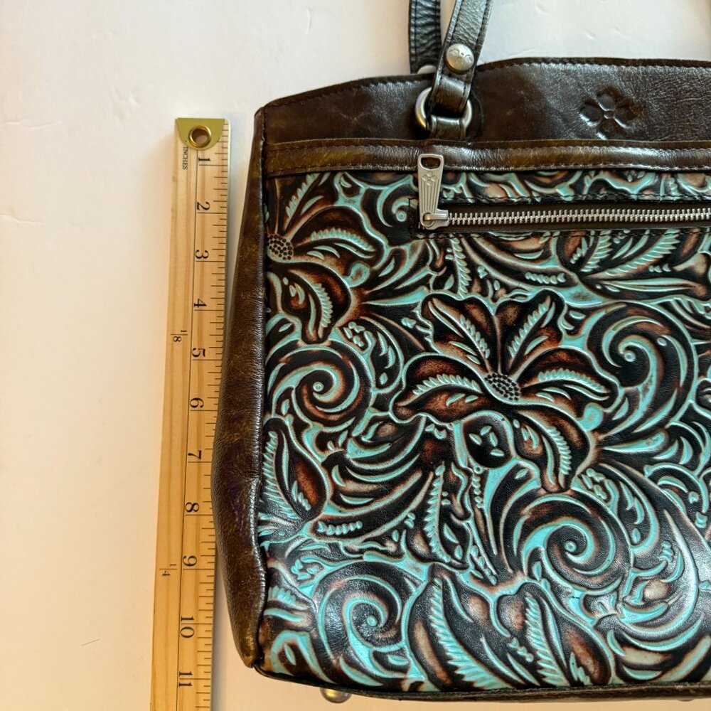 Patricia Nash Poppy Top Zip Tote Turquoise Embossed Leather Floral Design 14x10 - Picture 4 of 16